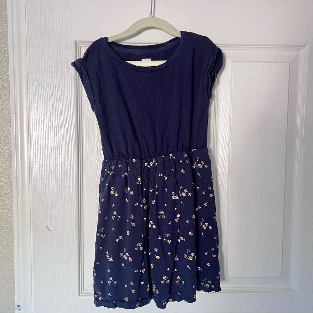Gap Kids Cotton Blend Navy Blue Floral Kids Dress Small 6-7 Years Old EUC